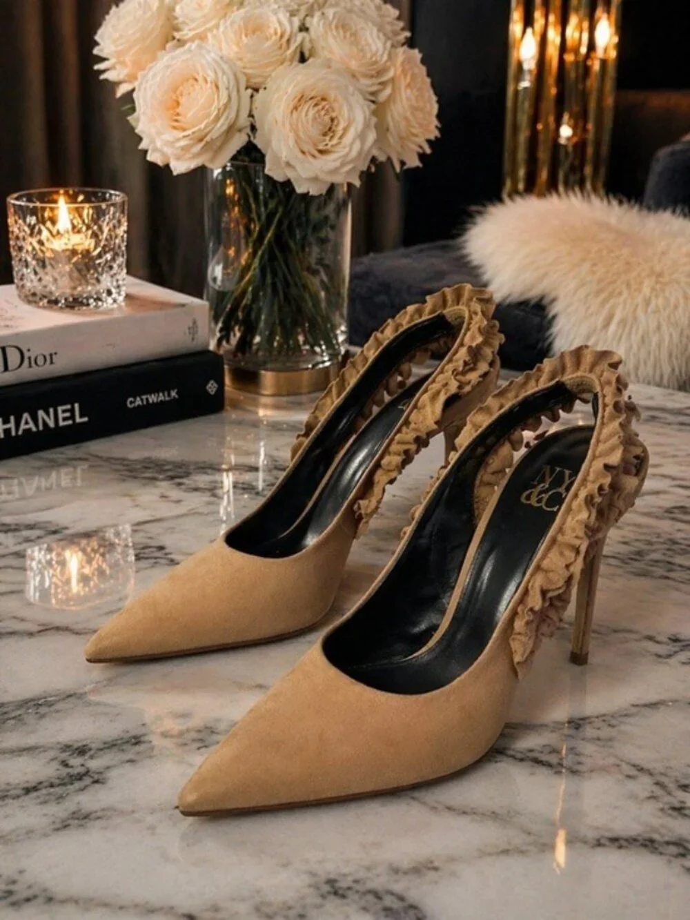 NY&C Ruffle Slingback Heels Nude Suede Pointed Toe Stiletto Size 8 Coquette